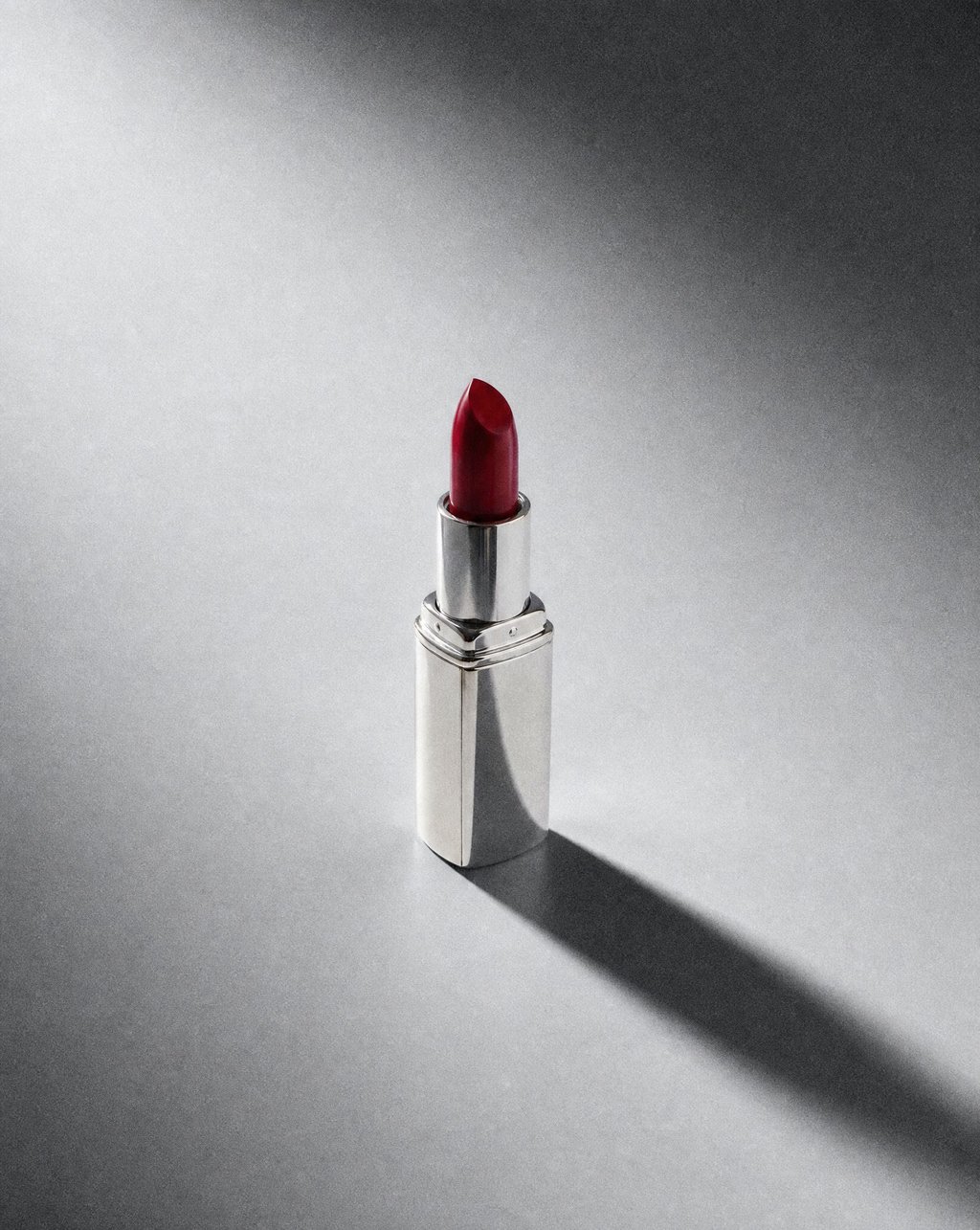 The same red lipstick under hard directional flash on a grey sweep
