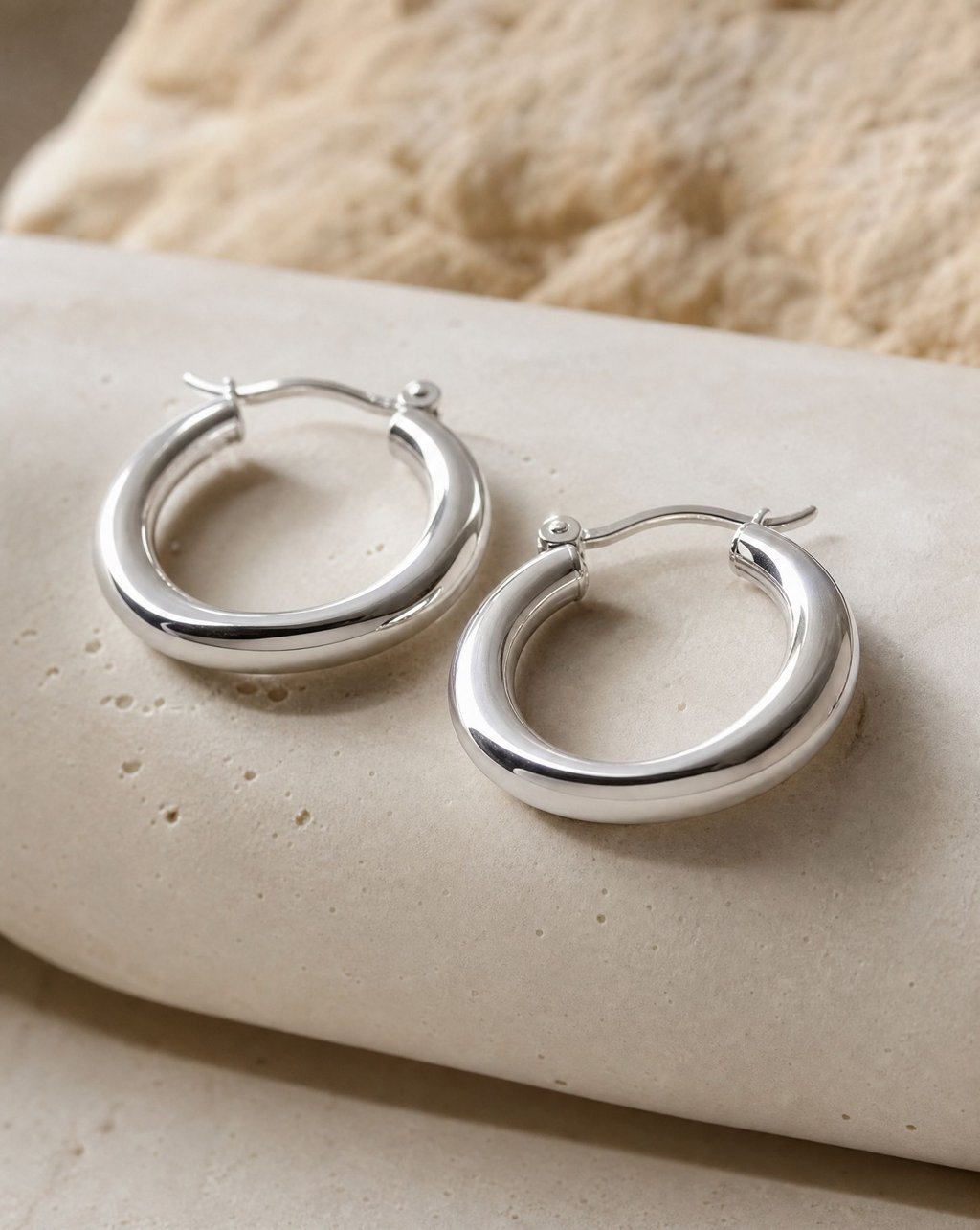 Polished silver hoop earrings resting on a pale stone ledge