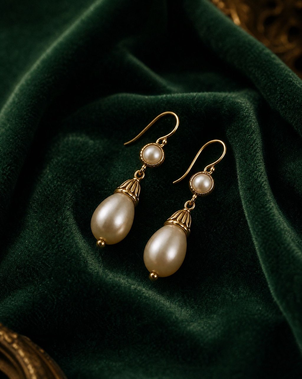 Pearl and gold drop earrings on deep green velvet
