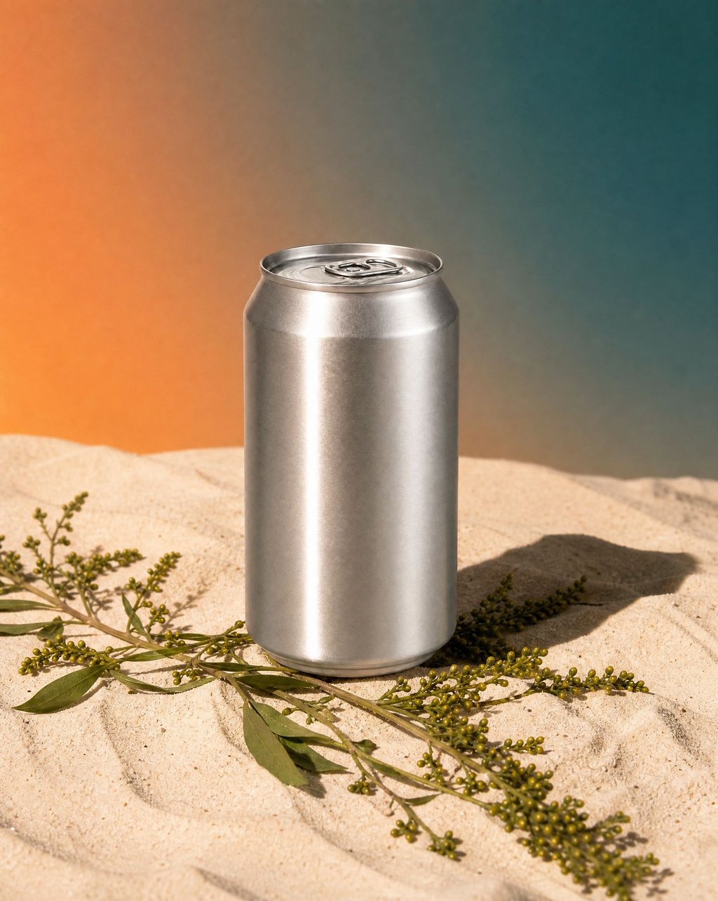 An aluminium beverage can in hard direct sun with a specular highlight down its side and a hard shadow beside it