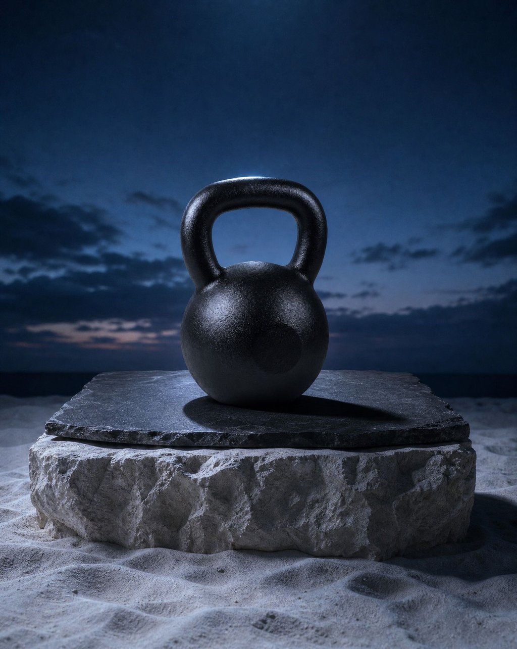 A black cast iron kettlebell on a dark slate slab set on a pale rough stone block, standing on sand against a deep blue dusk sky