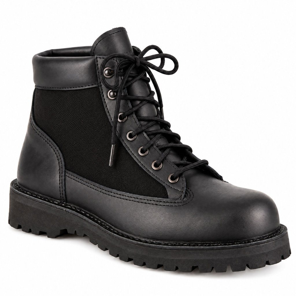 A black leather and canvas hiking boot at a three-quarter angle on a white background, filling most of the square frame