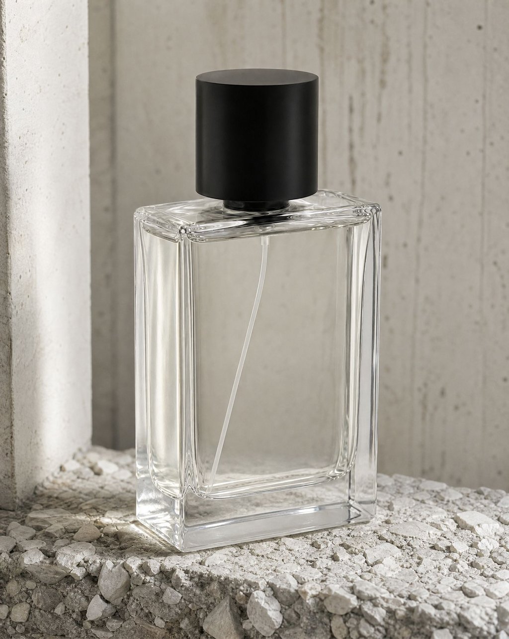 A clear rectangular glass perfume bottle with a matte black cap standing on a rough aggregate concrete ledge against a poured concrete wall