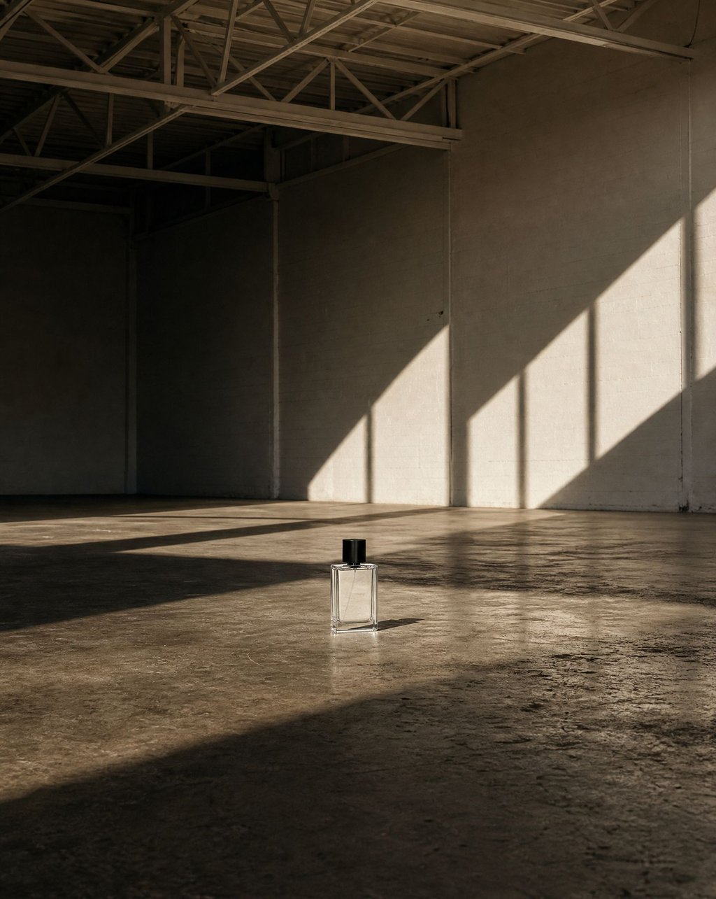 A clear glass perfume bottle standing alone on the floor of a vast concrete hall cut by hard angular sunlight