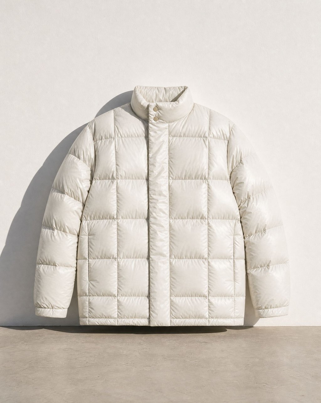 White quilted puffer jacket holding its worn shape against a chalk-white wall with a hard side shadow