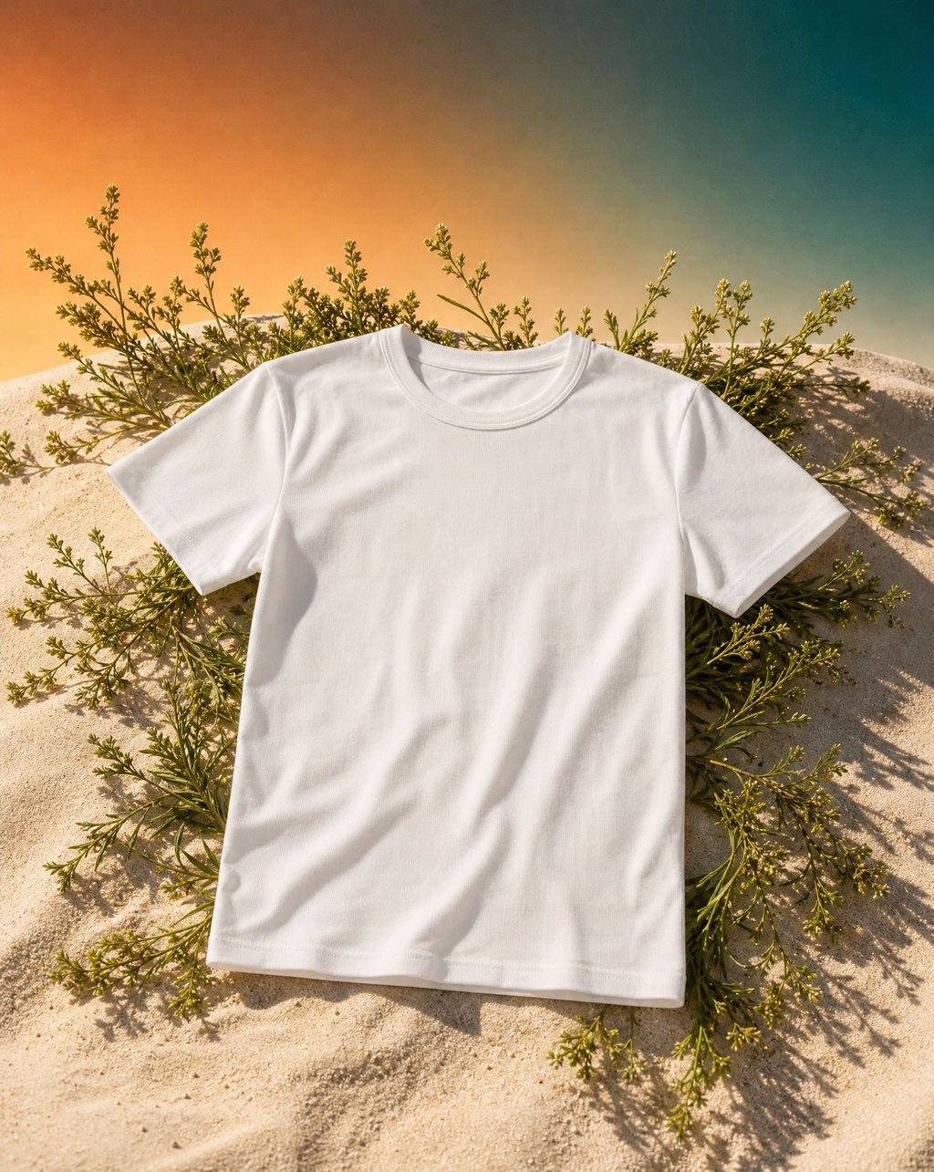 A plain white t-shirt laid flat on pale sand among green sprigs, in hard sunlight against an orange and teal gradient sky