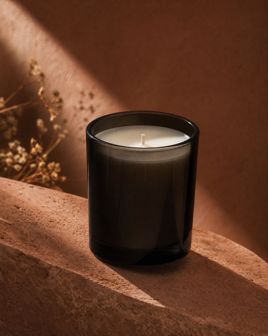 Scented candle in a dark glass jar on warm terracotta stone