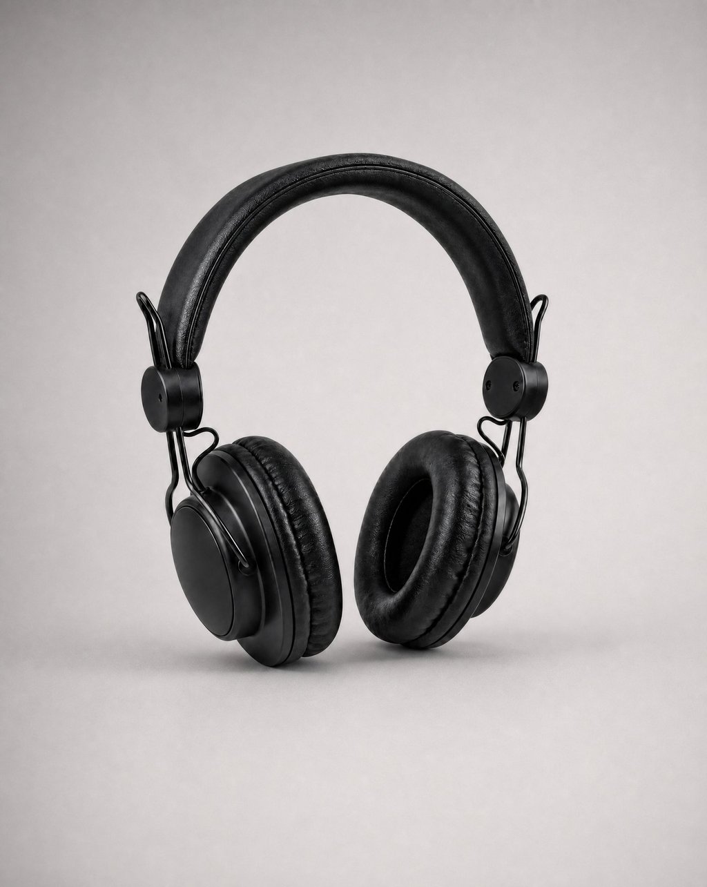 Black over-ear headphones centred on a clean neutral background under soft even light