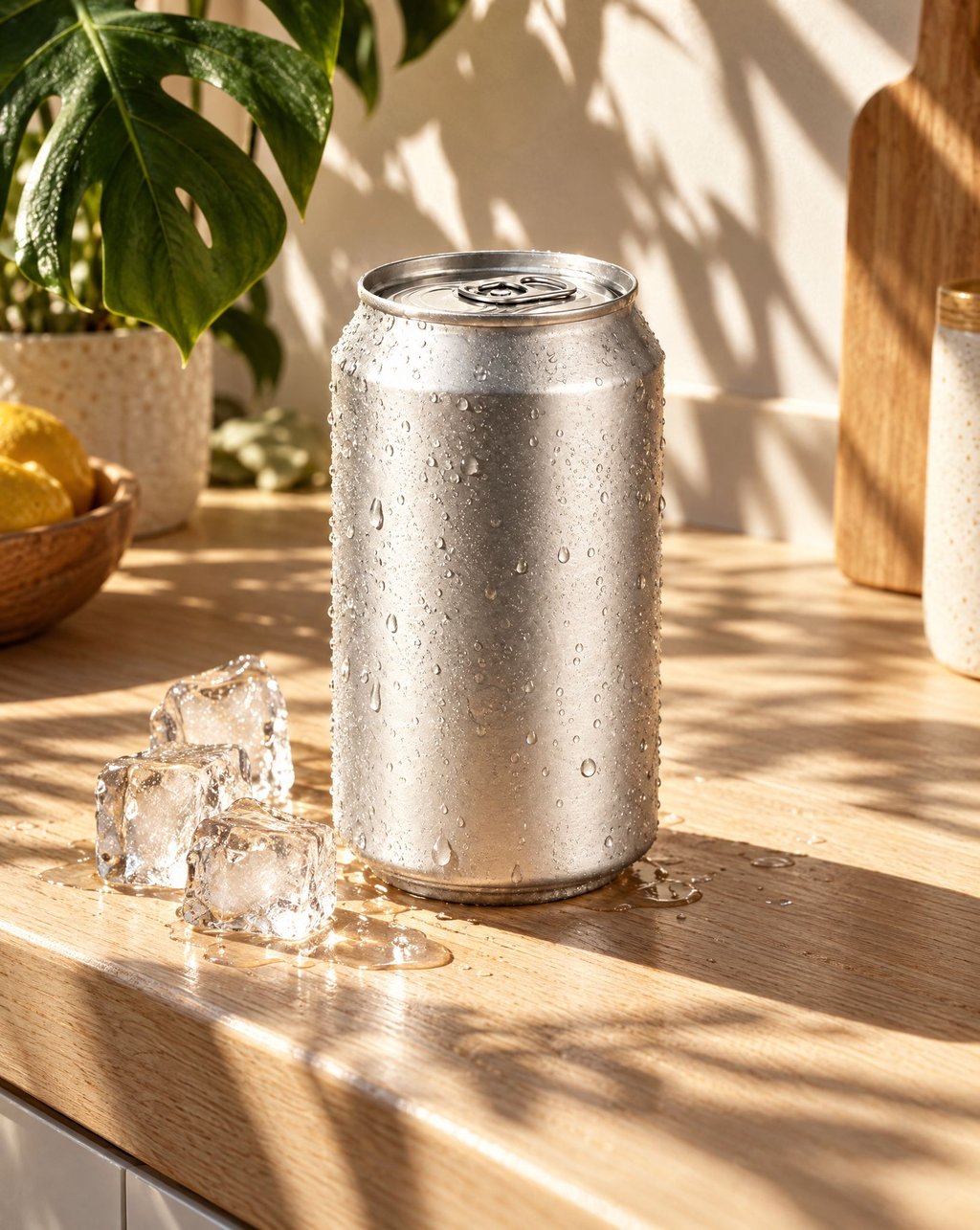 A silver aluminum beverage can covered in condensation on a wooden kitchen counter in hard morning sun, with ice cubes beside it