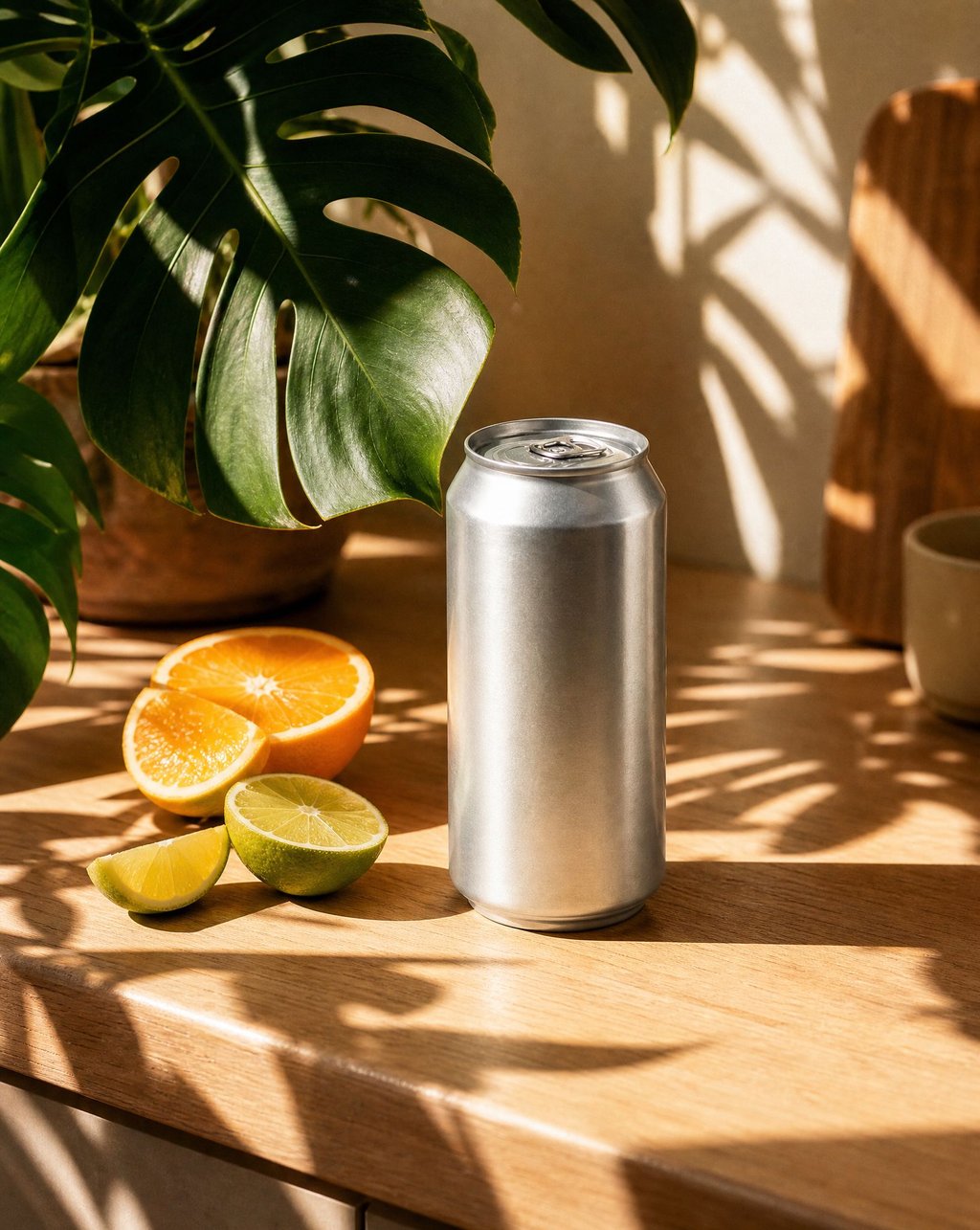Silver aluminum beverage can on a sunlit wooden counter beside orange and lime slices, with a monstera plant casting shadows