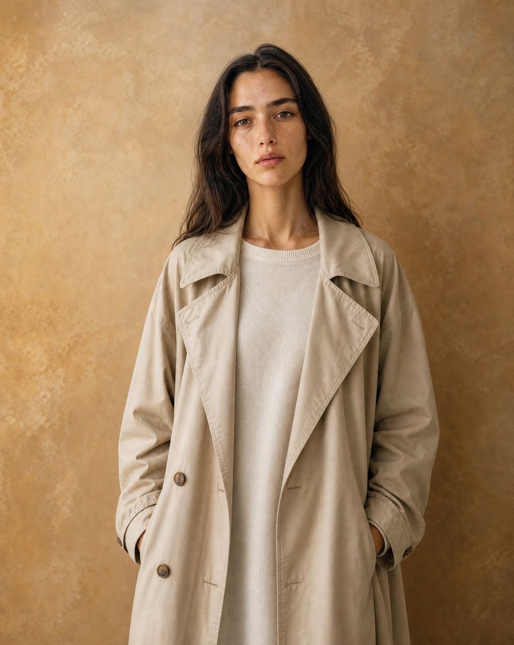 Close portrait of the same woman in the sand trench coat and cream knit against a warm ochre studio backdrop