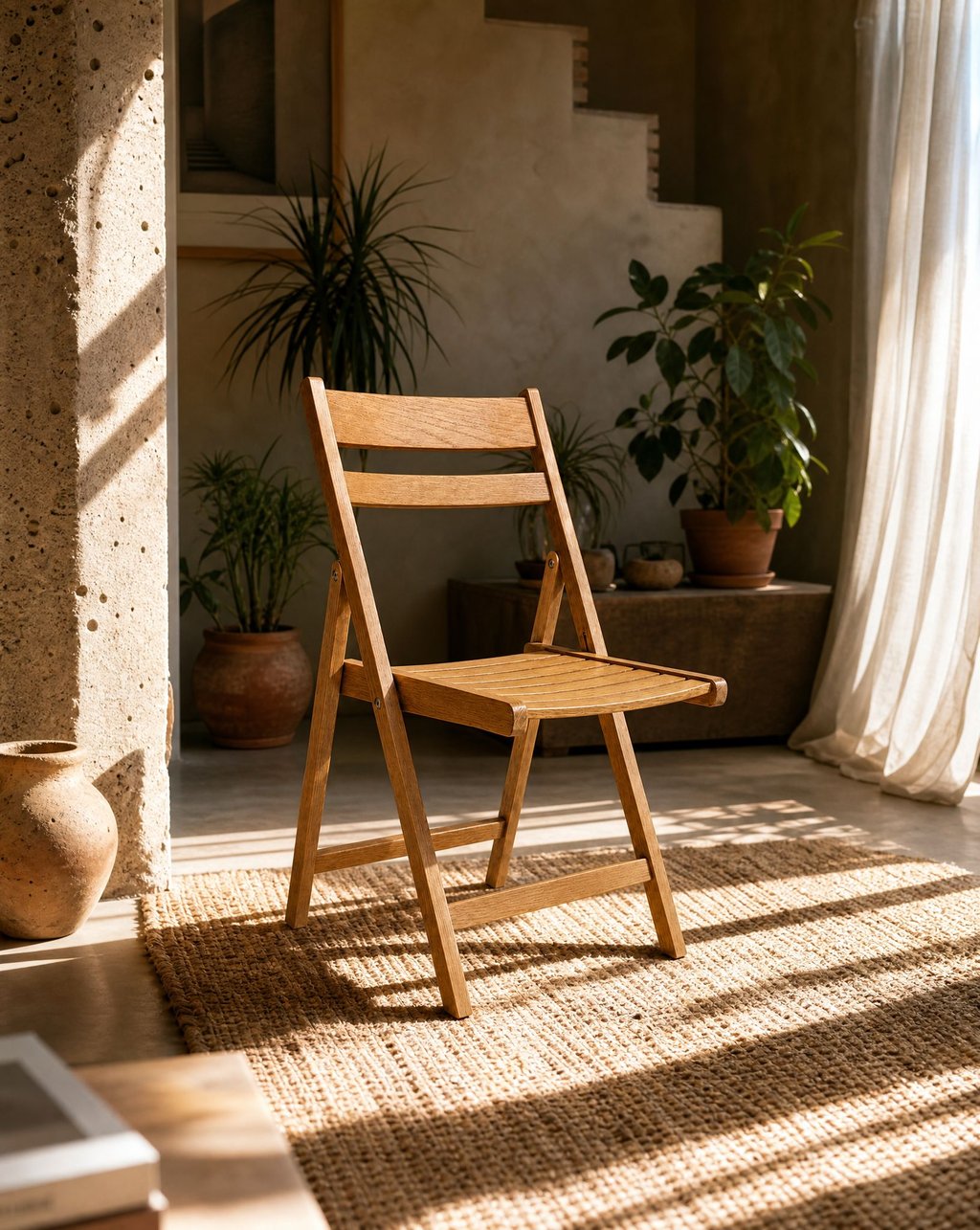 A light wooden folding chair on a woven rug in a sunlit room with terracotta pots and plants