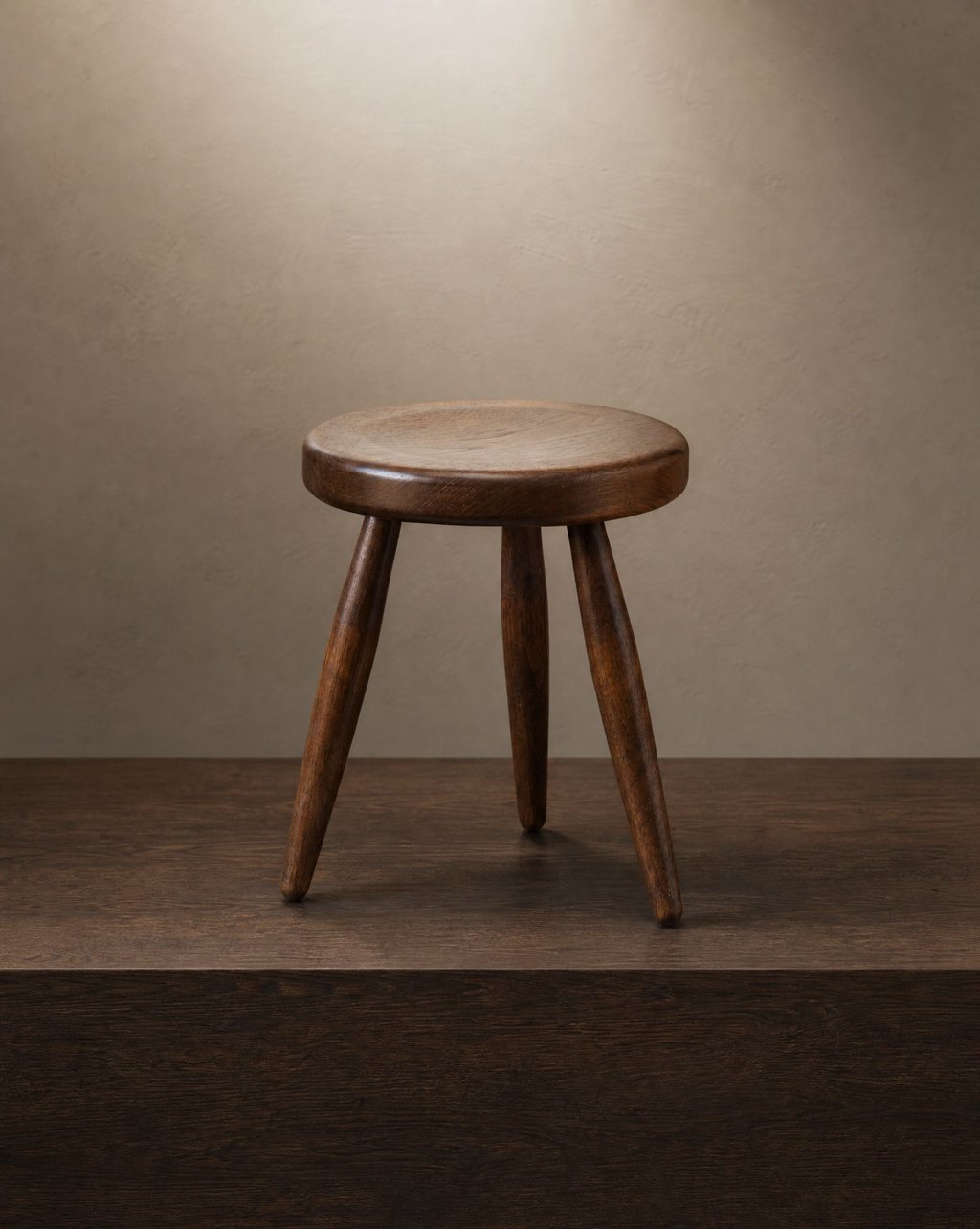 A dark wooden tripod stool on a timber surface against a warm plaster wall, lit by a soft pool of light from above