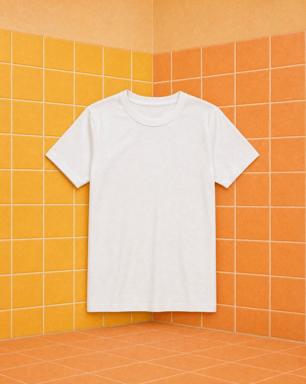 A white t-shirt against a corner of orange and yellow tiles, the fabric still reading white against the strong surround