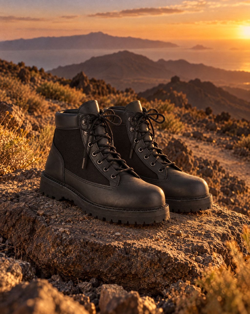 A pair of black hiking boots standing on a dusty rock above a mountain trail at sunset, with hills and the sea behind
