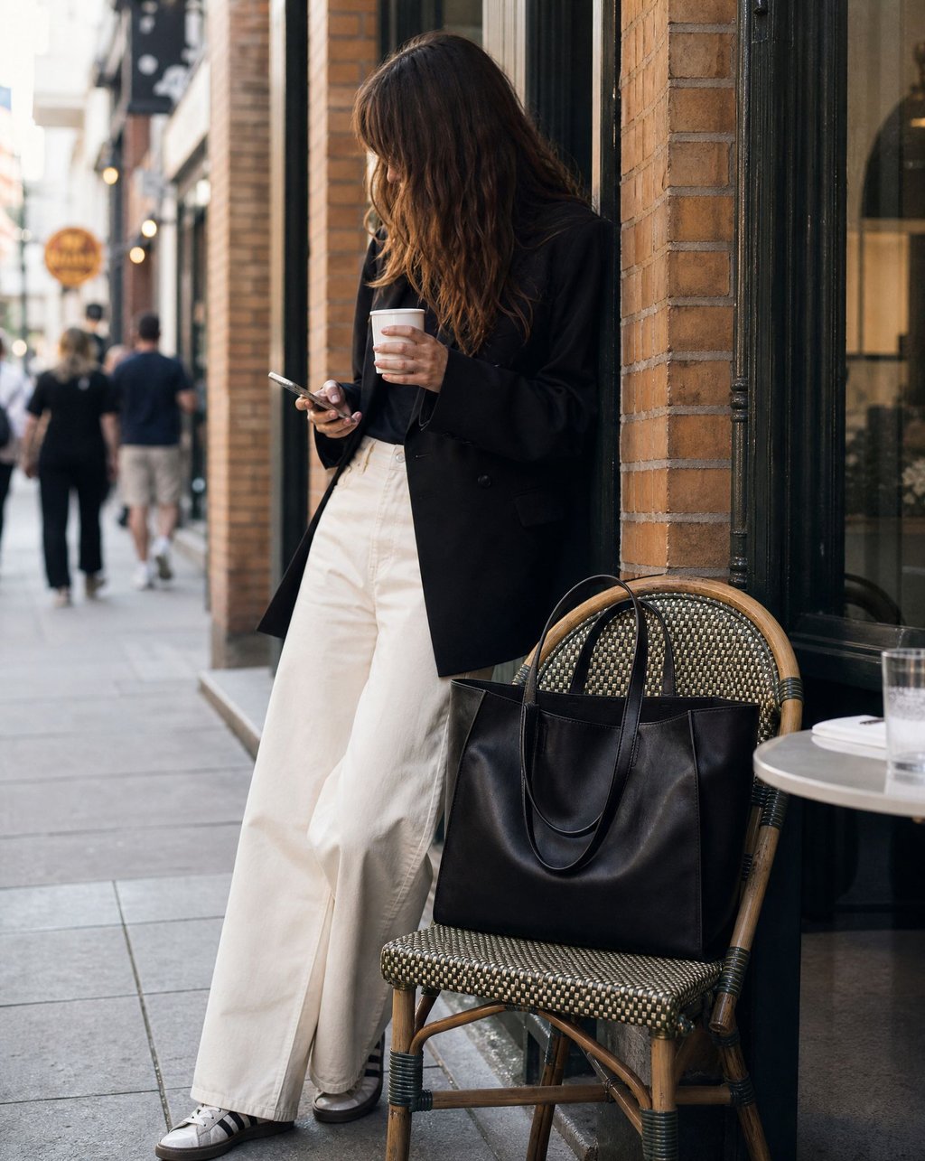Black leather tote bag on a woven cafe chair beside a brick storefront, with a passerby checking her phone in the background