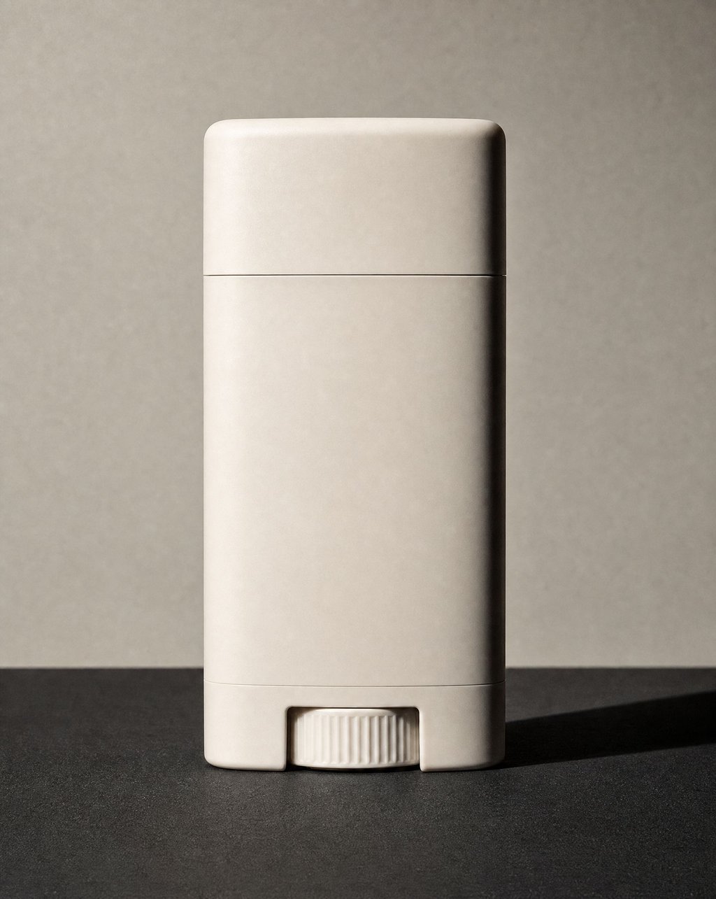 AI-generated product shot of a matte deodorant stick on a dark surface with a hard directional side light