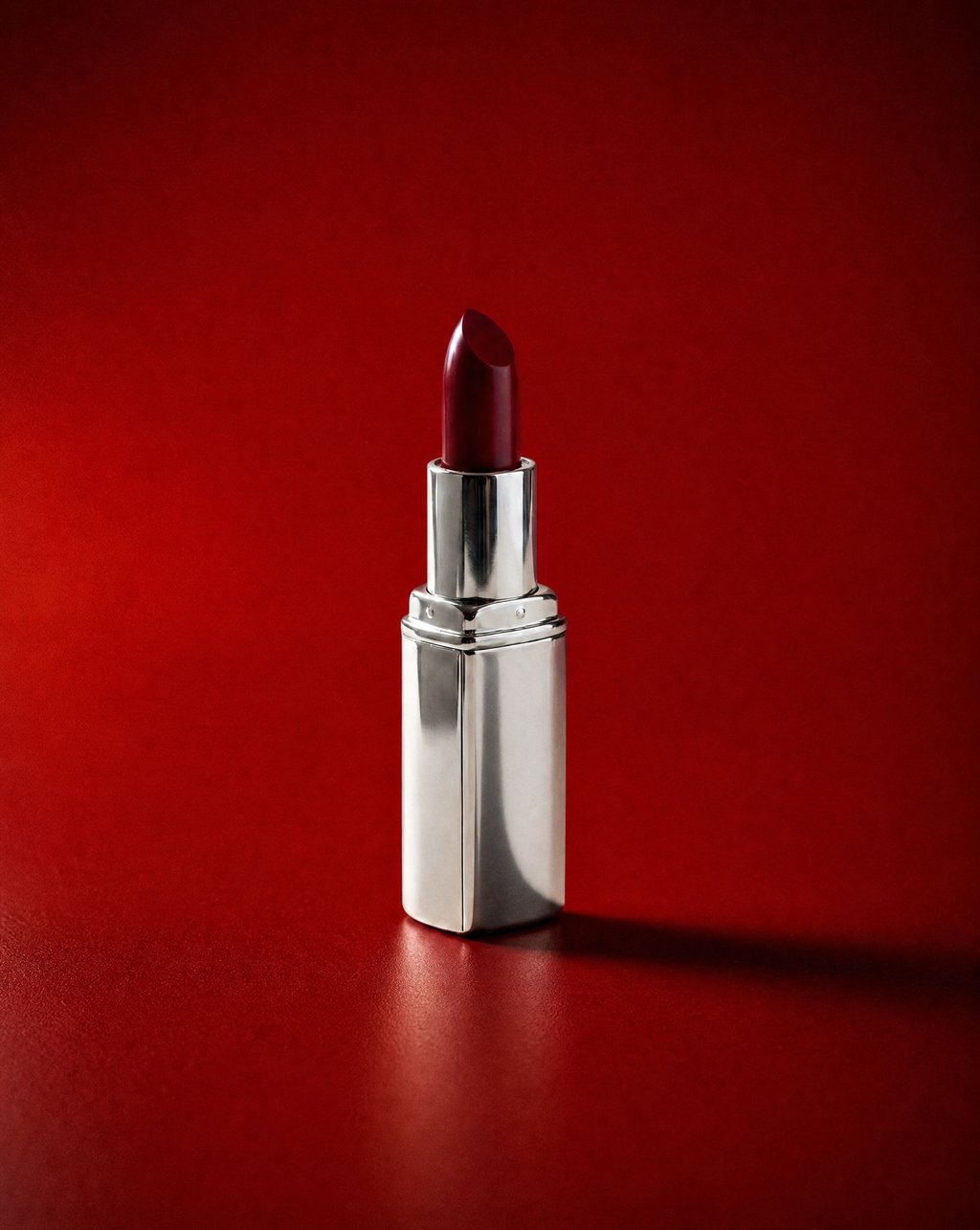 Lipstick in a silver tube on a deep red backdrop