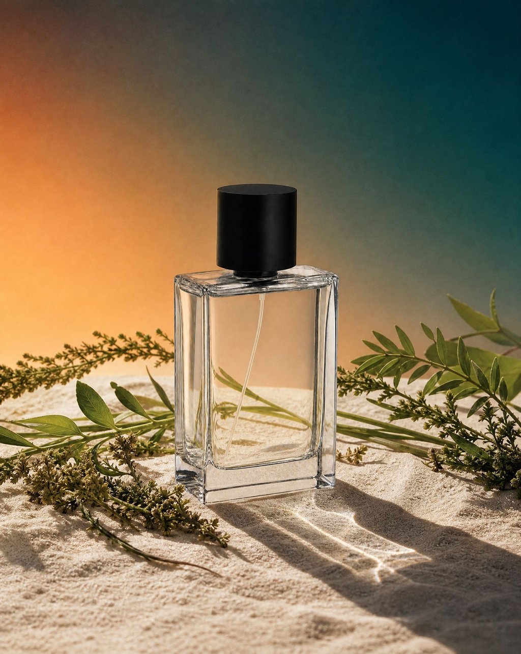 A rectangular glass perfume bottle in hard direct sun casting a sharp shadow