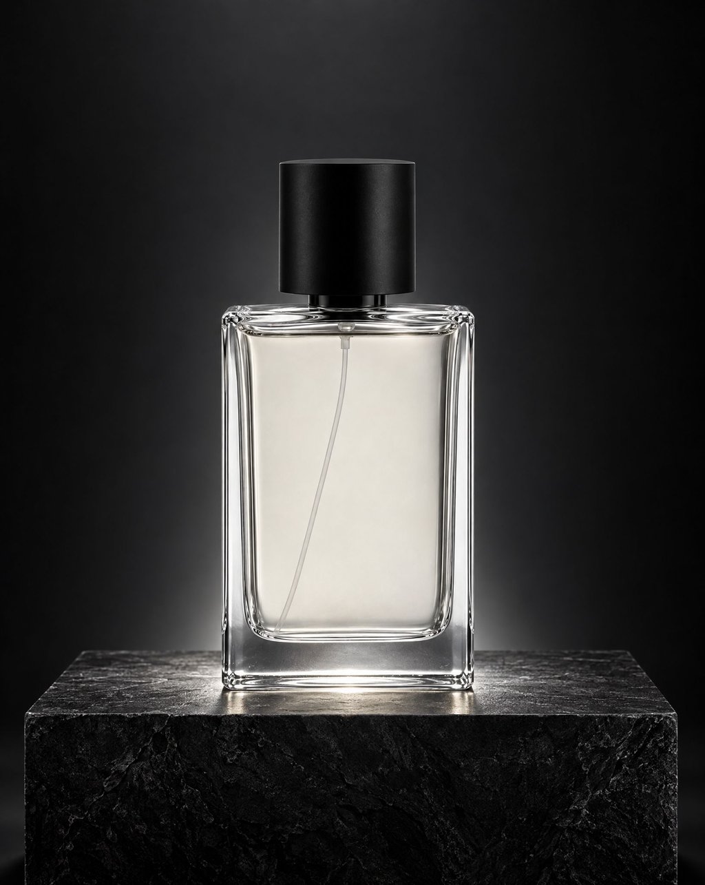 A rectangular clear glass perfume bottle with a black cap on a dark stone block, lit from below with a bright rim against a black background