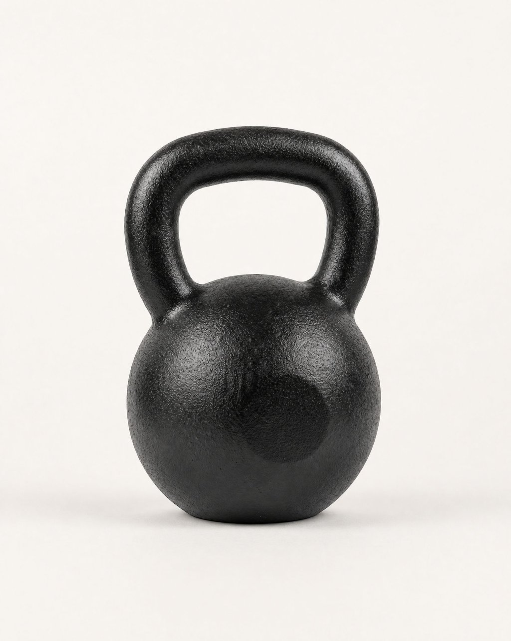 A black cast-iron kettlebell on the same plain warm-white background under the same flat light