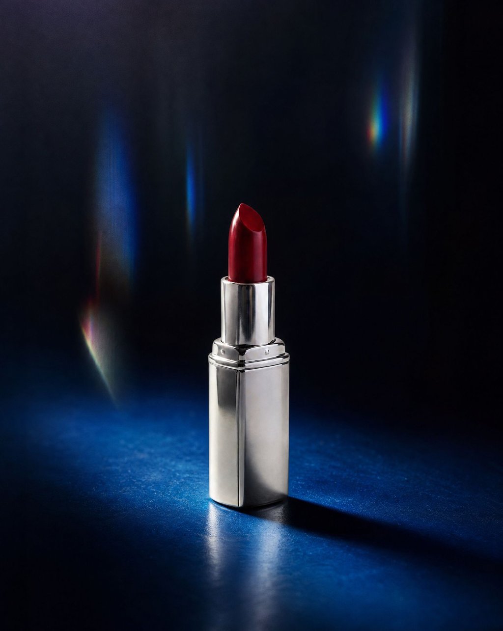 A red lipstick in a silver tube on a deep blue ground under a narrow spotlight, with prismatic flare streaks in the background