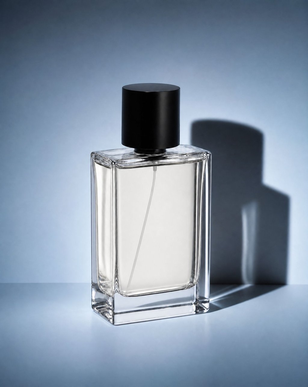 A clear glass perfume bottle on a blue-grey ground under hard flash with a sharp cast shadow