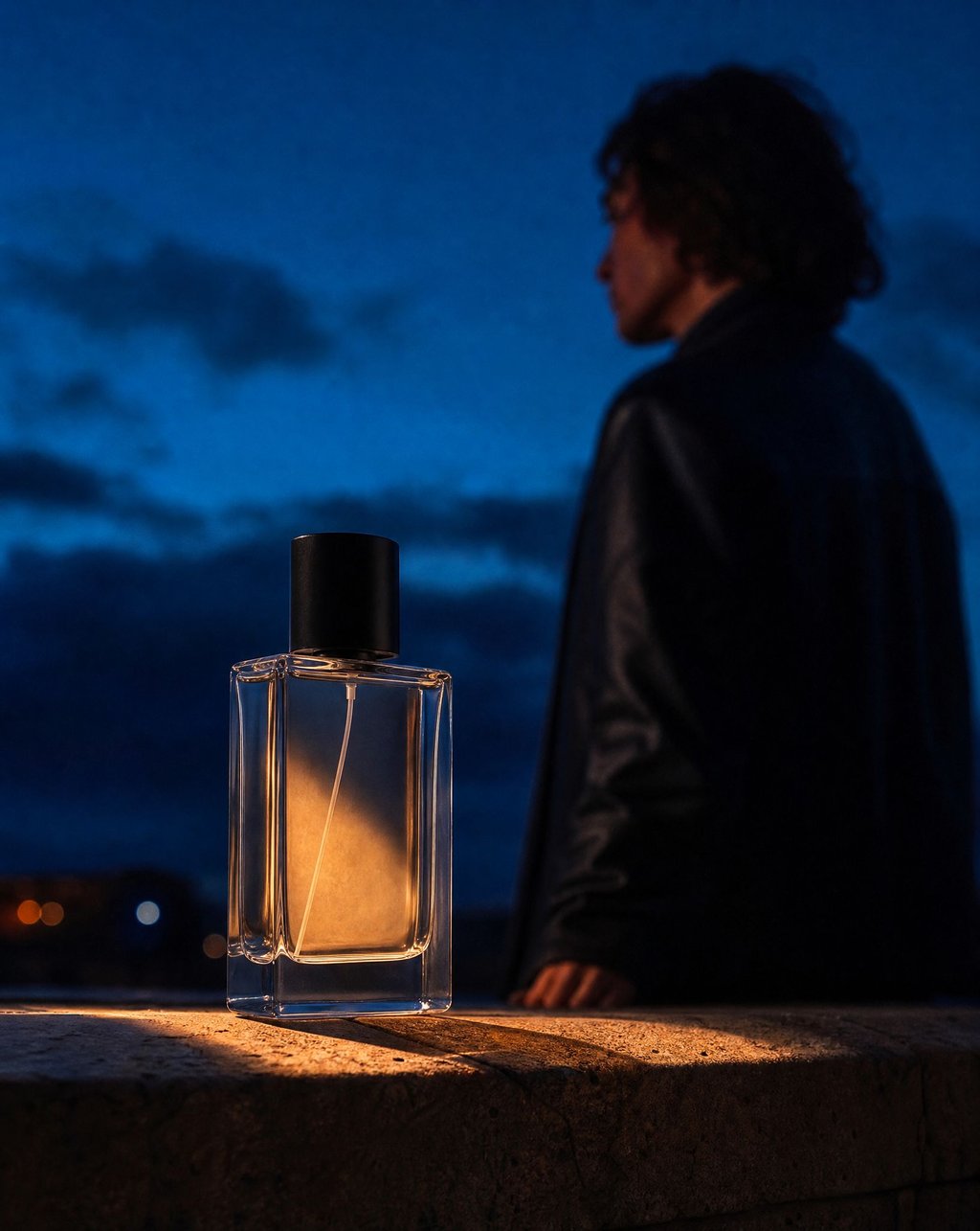A glass perfume bottle on a stone parapet at dusk with a warm streak of light and a blurred figure behind