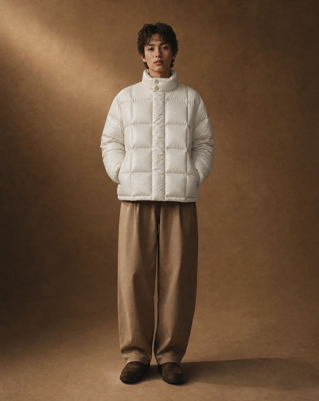 Model wearing the white quilted puffer jacket under a soft overhead spotlight against a warm suede-toned backdrop