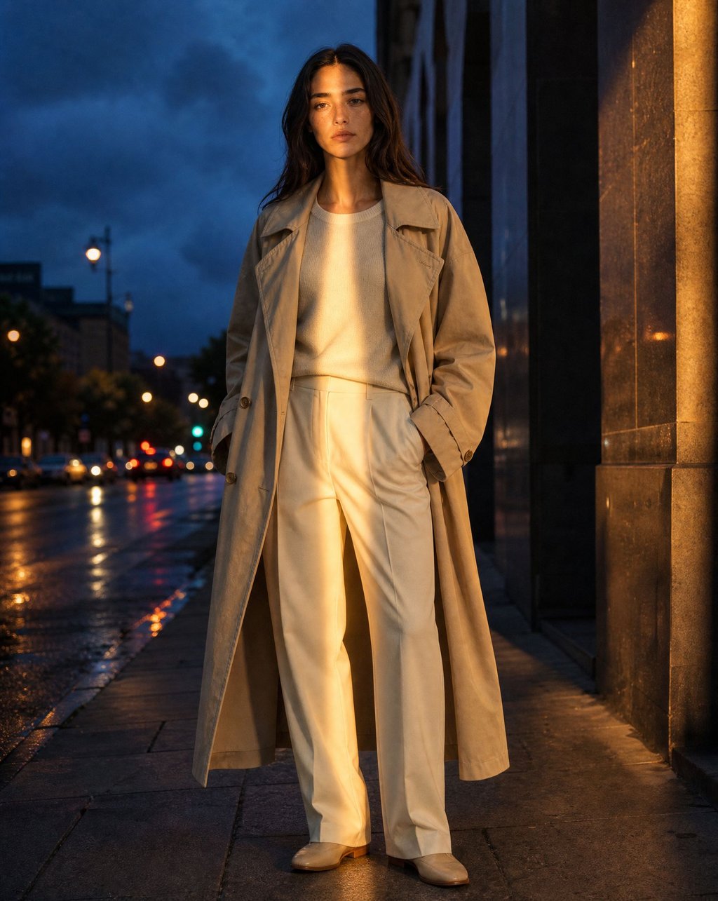 The same woman in the sand trench coat and cream knit standing on a wet city street at dusk, lit by a warm streetlight