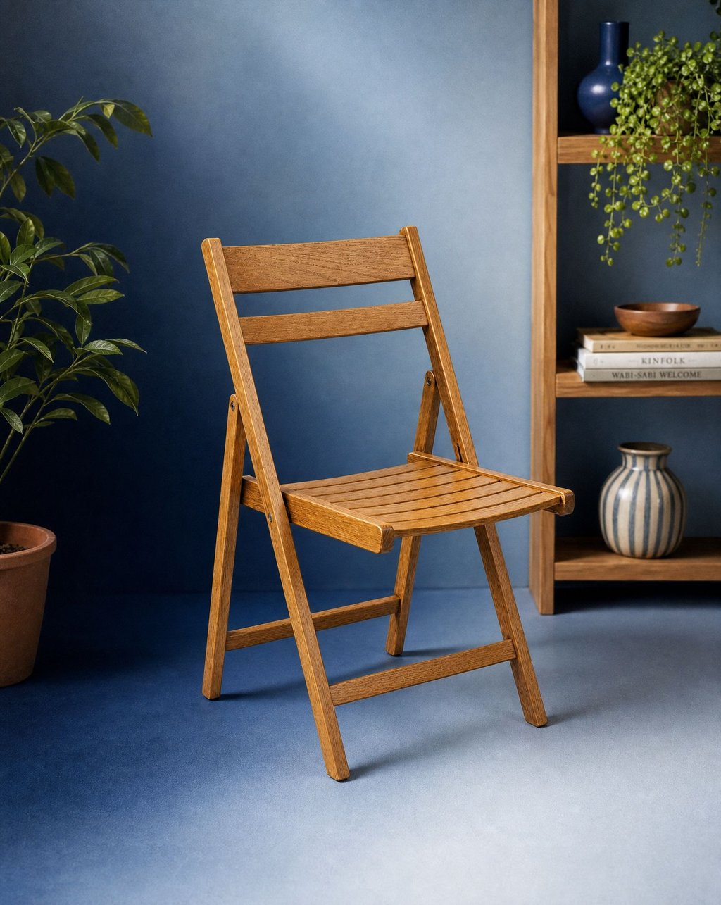 A light wooden folding chair in a styled interior corner under soft centred light