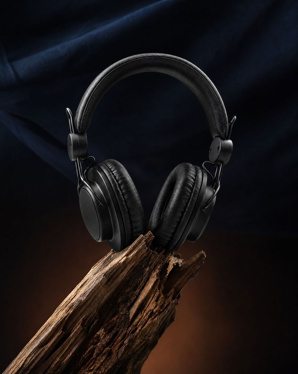 Black over-ear headphones resting on a piece of split driftwood, lit by a narrow spotlight against a dark blue and amber background
