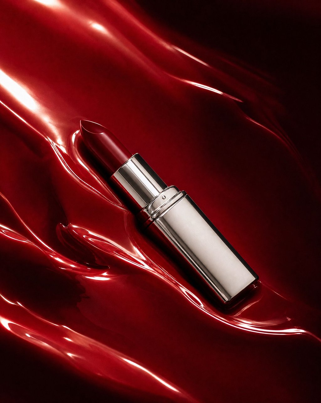 A silver lipstick tube with a dark red bullet lying on glossy rippled red liquid
