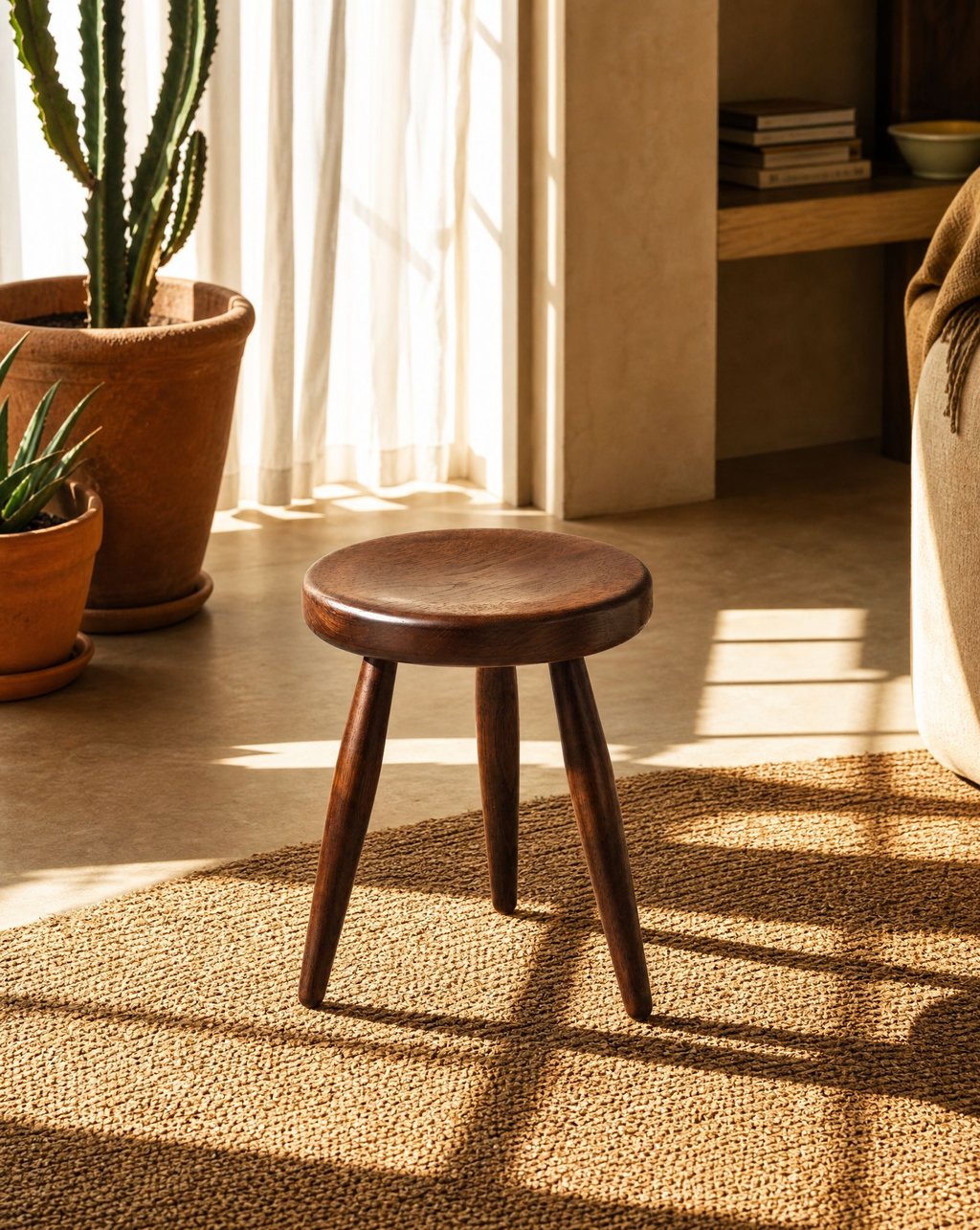 Small round wooden tripod stool on a woven rug in a sunlit room with terracotta planters and hard window shadows
