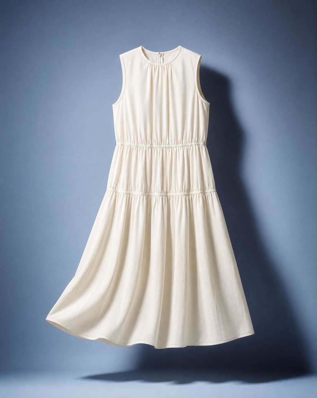 A cream tiered midi dress suspended against a blue-grey background, the fabric falling under its own weight with a soft cast shadow to the right