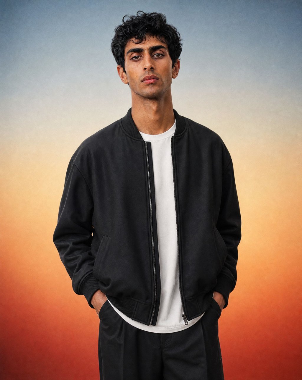 A young man with dark curly hair wearing a black bomber jacket over a white tee, lit by a soft flare against a pale backdrop