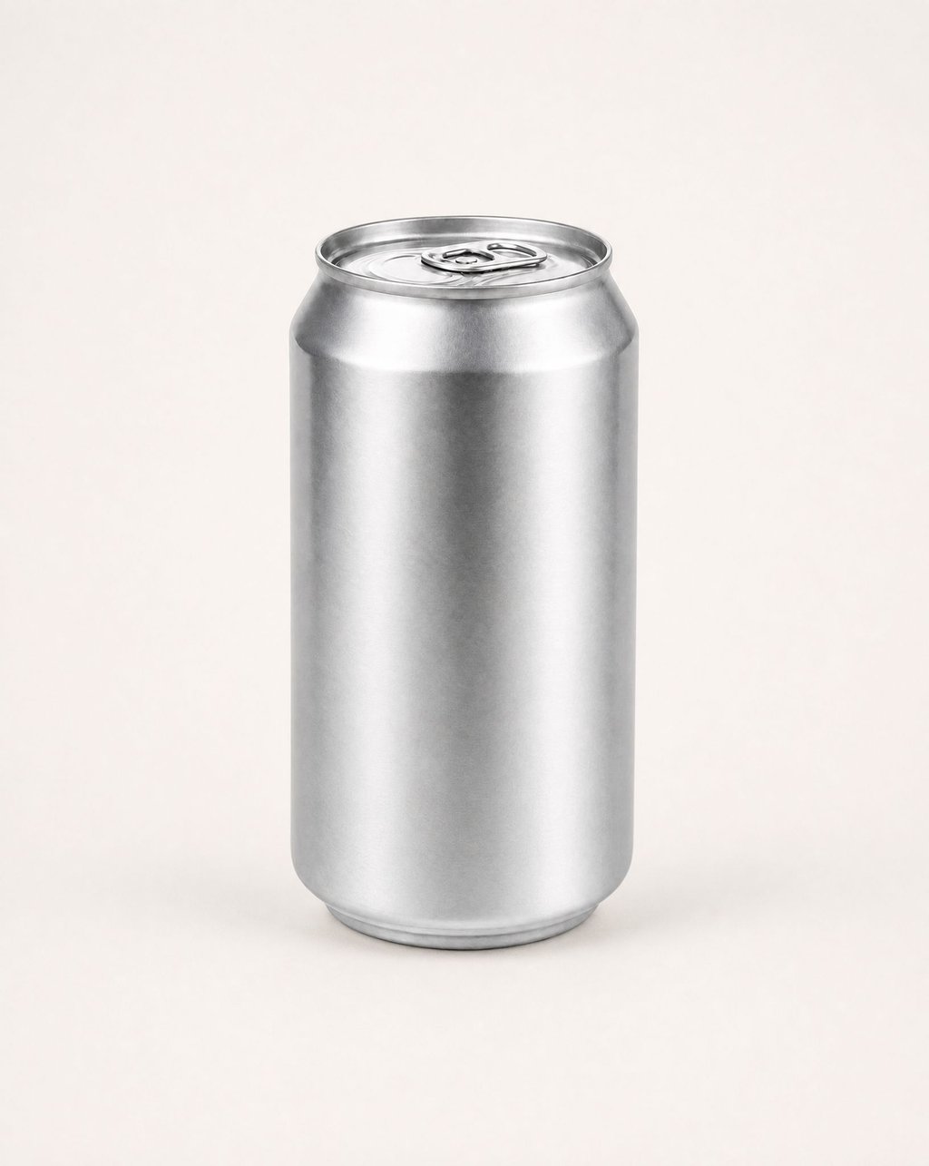 An aluminium can on a plain warm-white background under flat even light