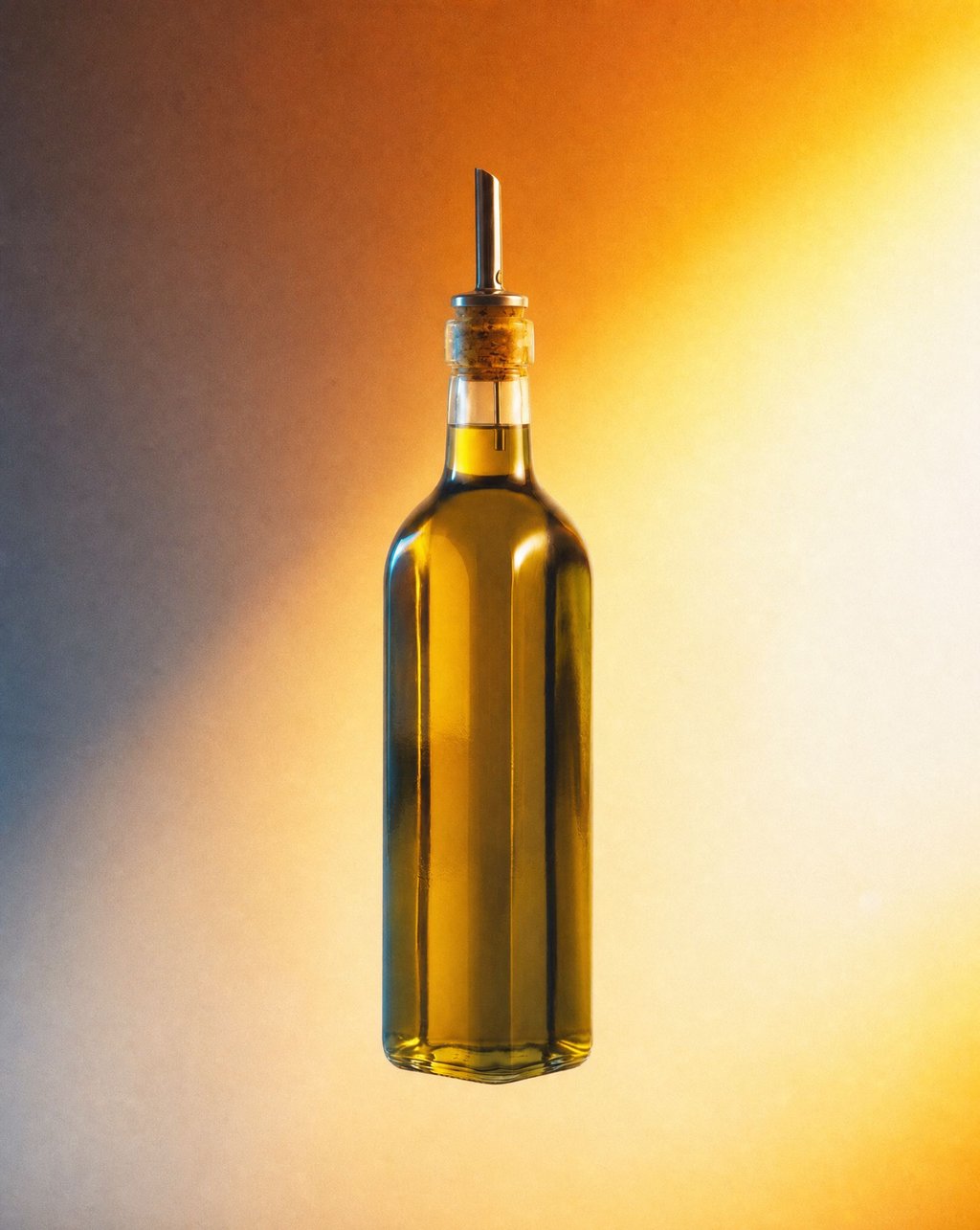 Olive oil bottle lit in warm golden-hour light