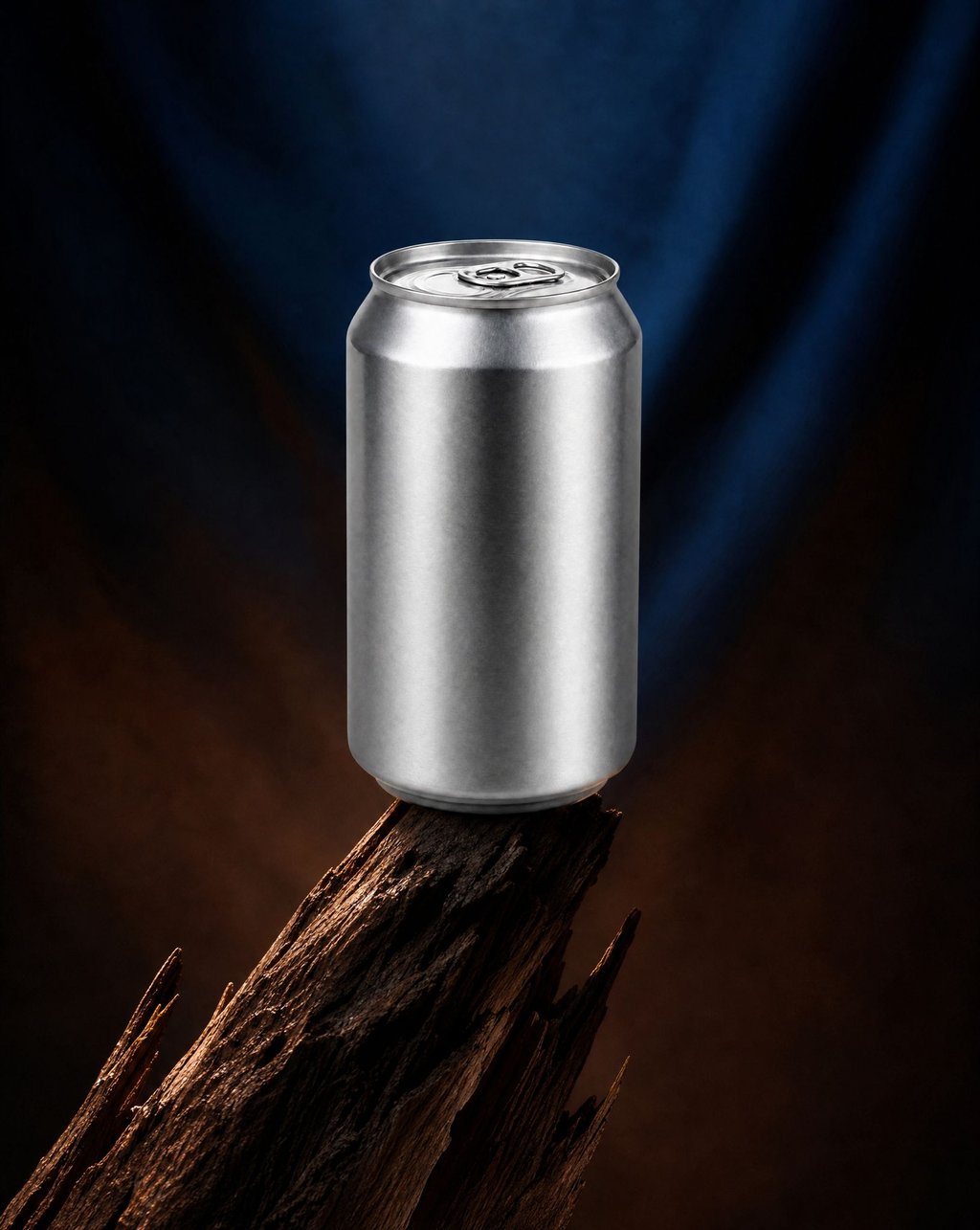 An aluminium beverage can standing on a piece of split driftwood, lit by a narrow beam against a dark blue and amber background