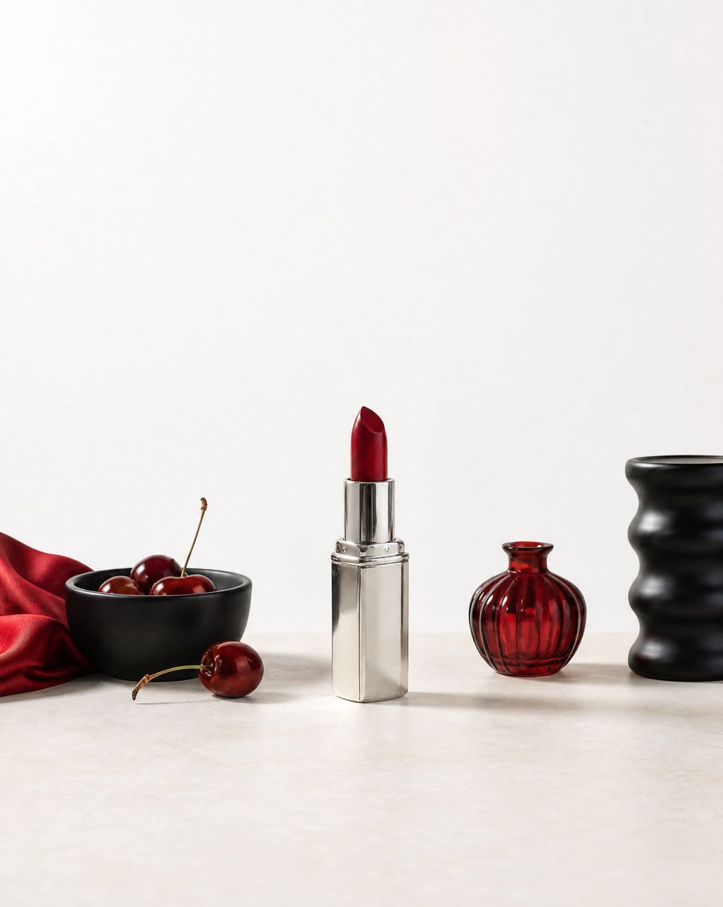 A silver lipstick tube with a deep red bullet standing on a pale surface, beside a black bowl of cherries, red silk and a small red glass vase