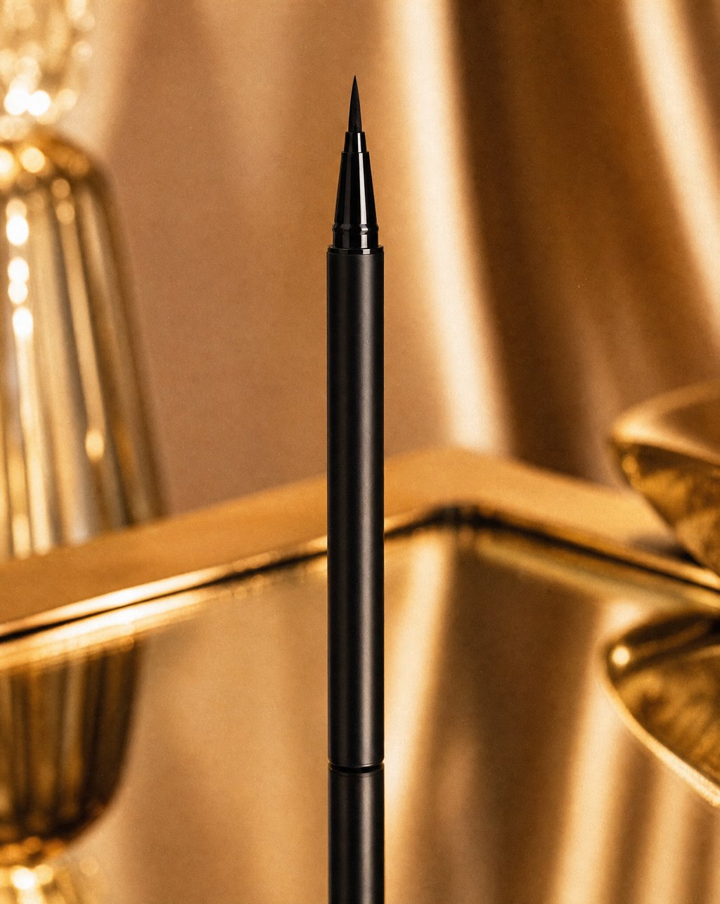 Eyeliner staged in an AI studio environment with reflective gold surfaces