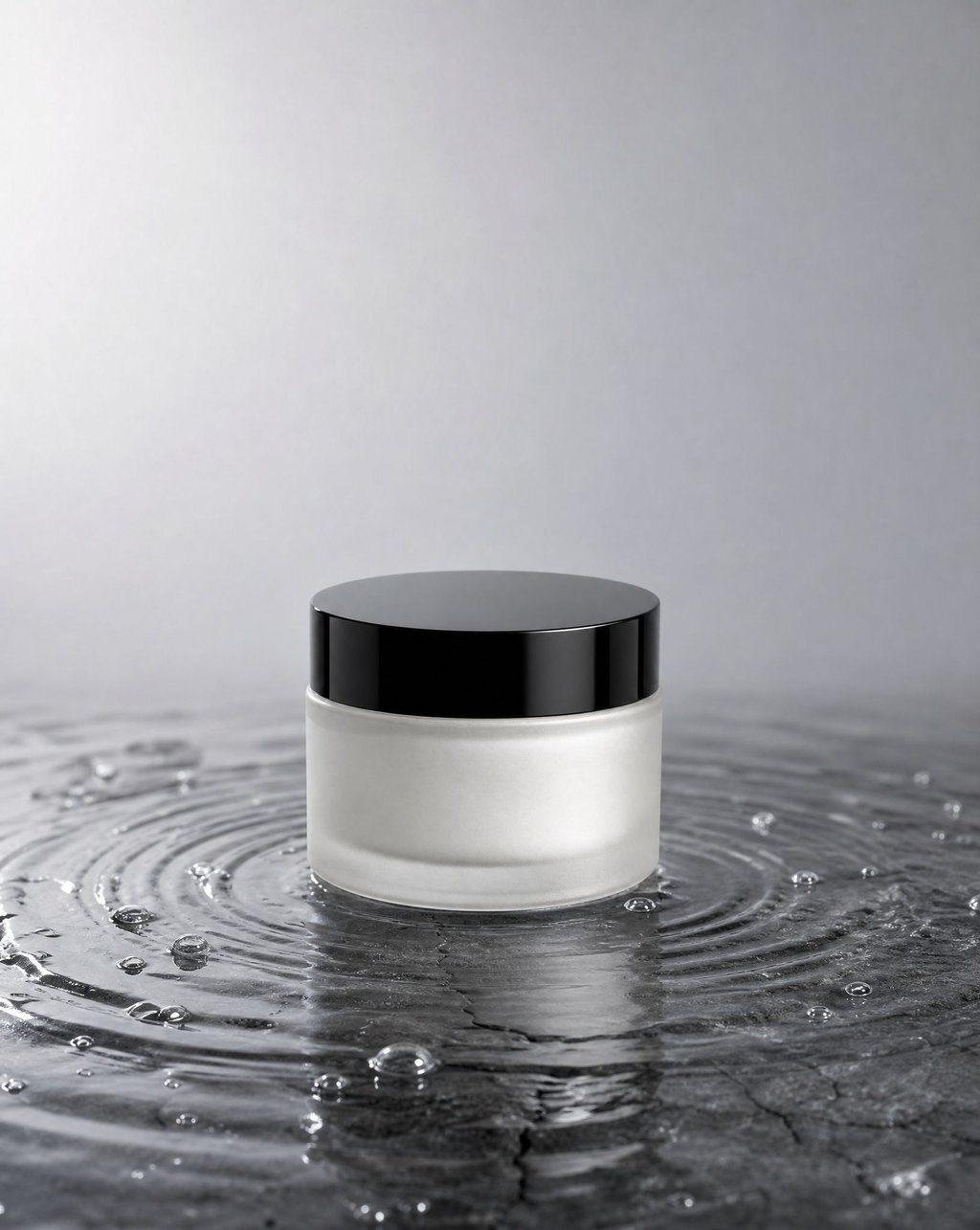 Frosted skincare jar with a black lid standing on wet dark stone with water ripples, product in the lower two thirds of a vertical frame
