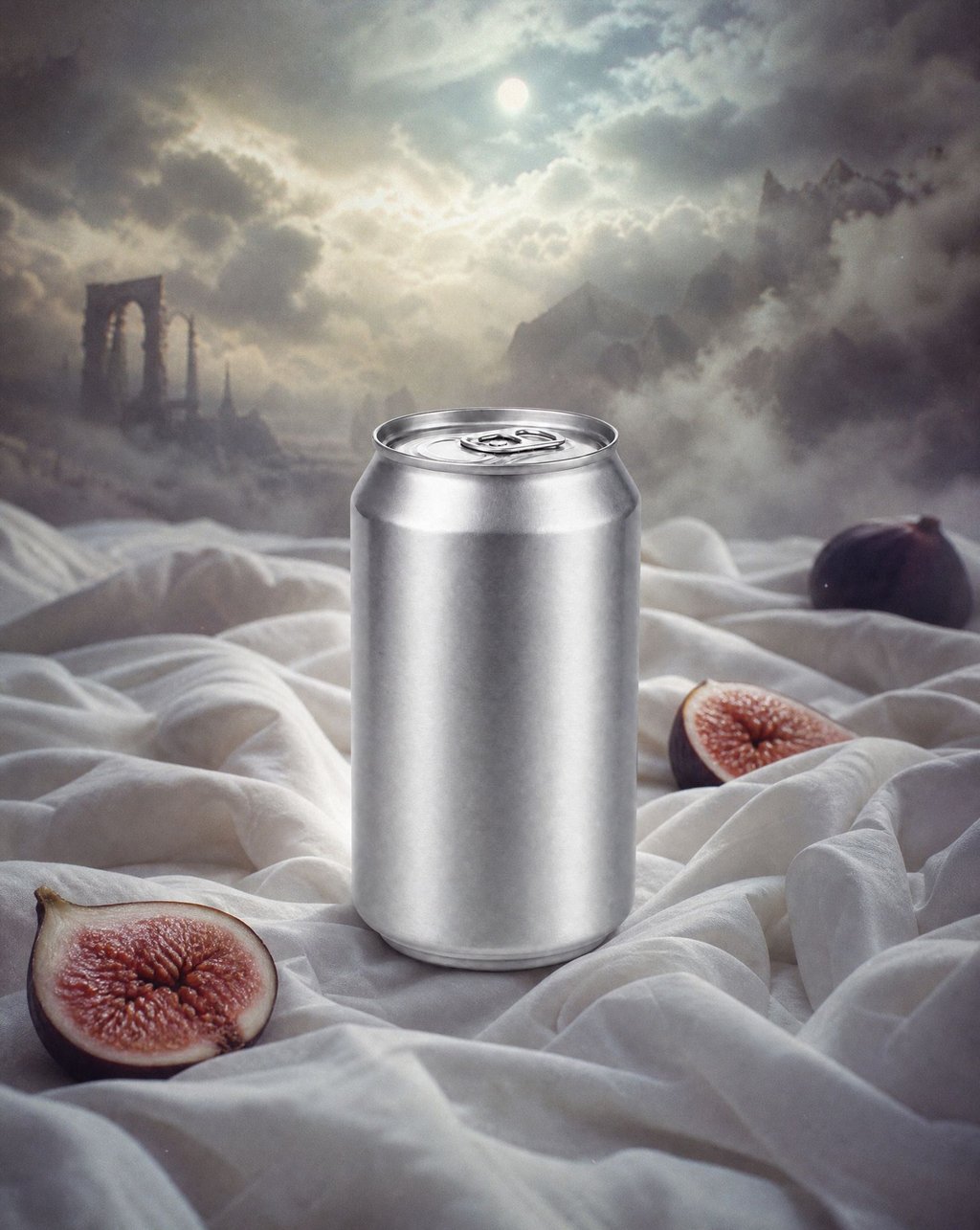 A silver aluminium beverage can on rumpled white fabric beside cut figs, under a clouded moonlit sky