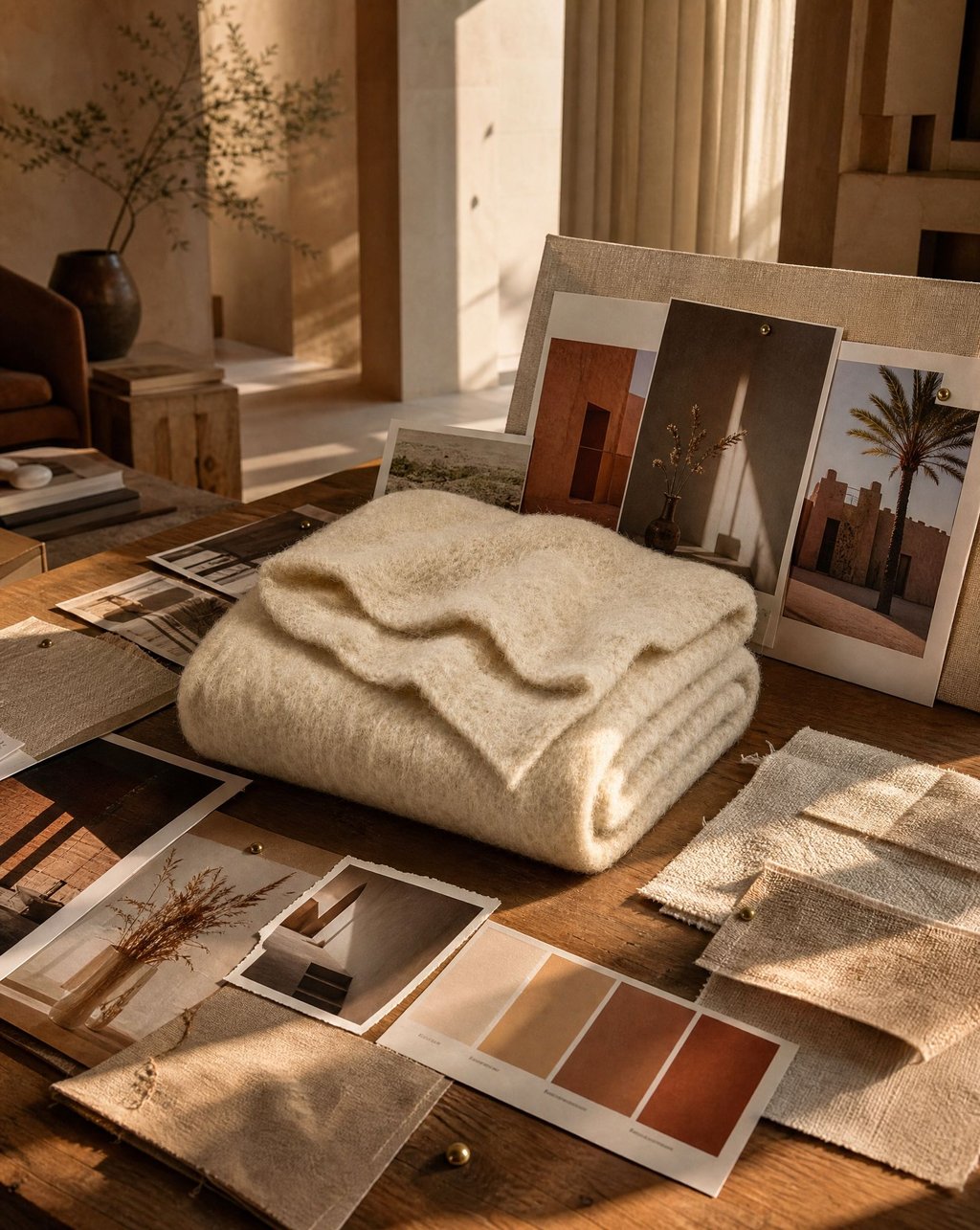 A mood board in progress on a wooden table: pinned reference photographs, linen swatches, and a warm color palette arranged around a folded cream blanket