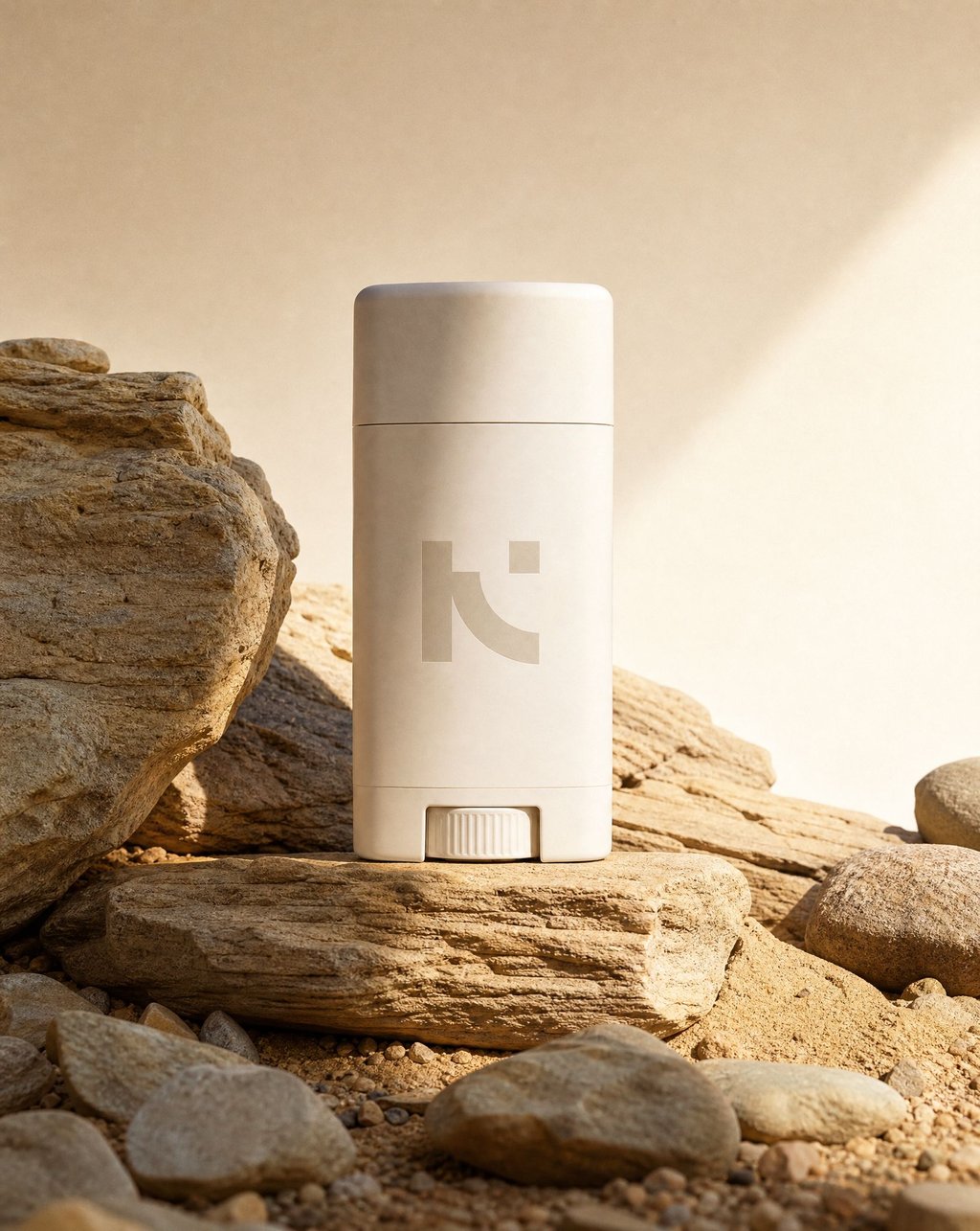 White deodorant stick standing on sunlit desert rocks against a sand-colored wall