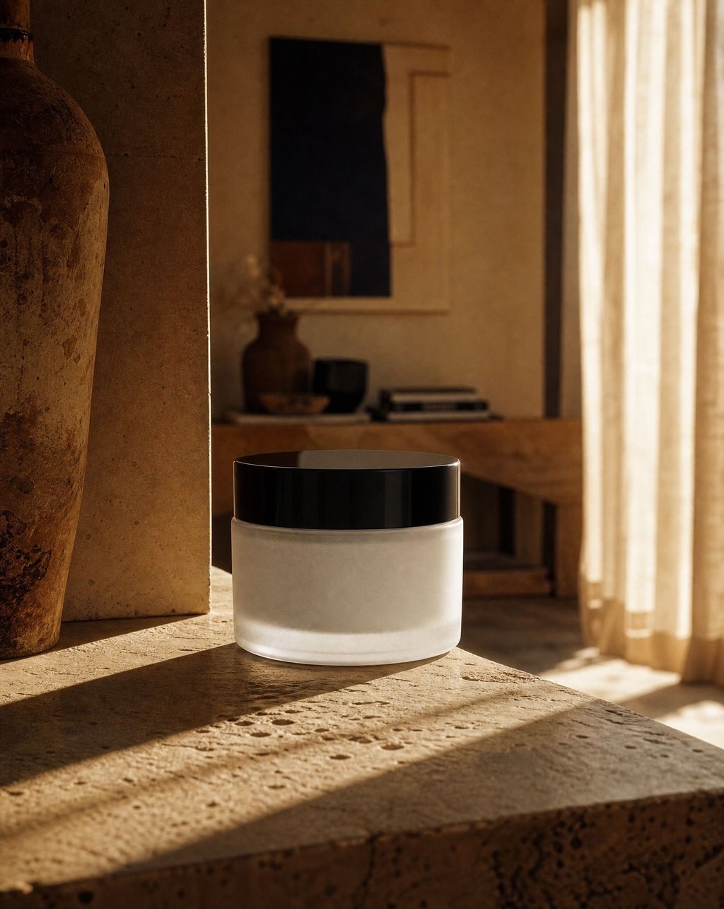 Frosted glass cosmetics jar staged on a stone ledge in warm window light