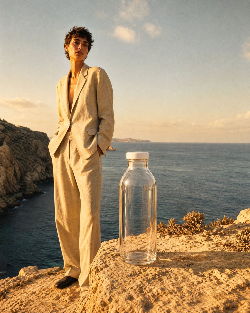 Clear glass bottle on a clifftop rock above the sea in golden evening light
