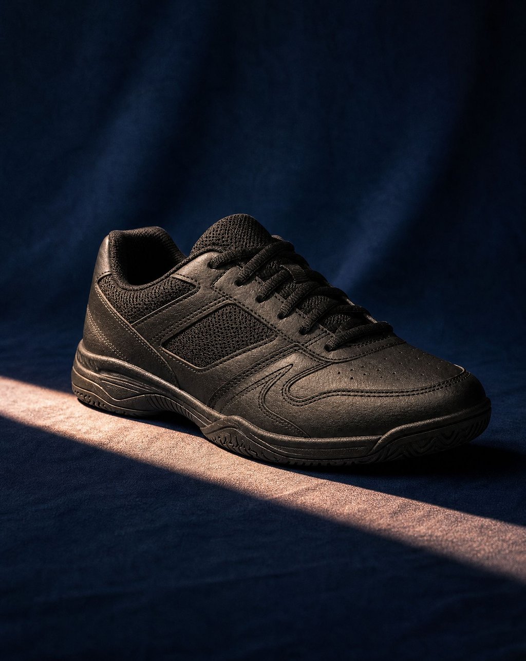 A single black sneaker lit by one hard beam of light inside a dark blue studio set