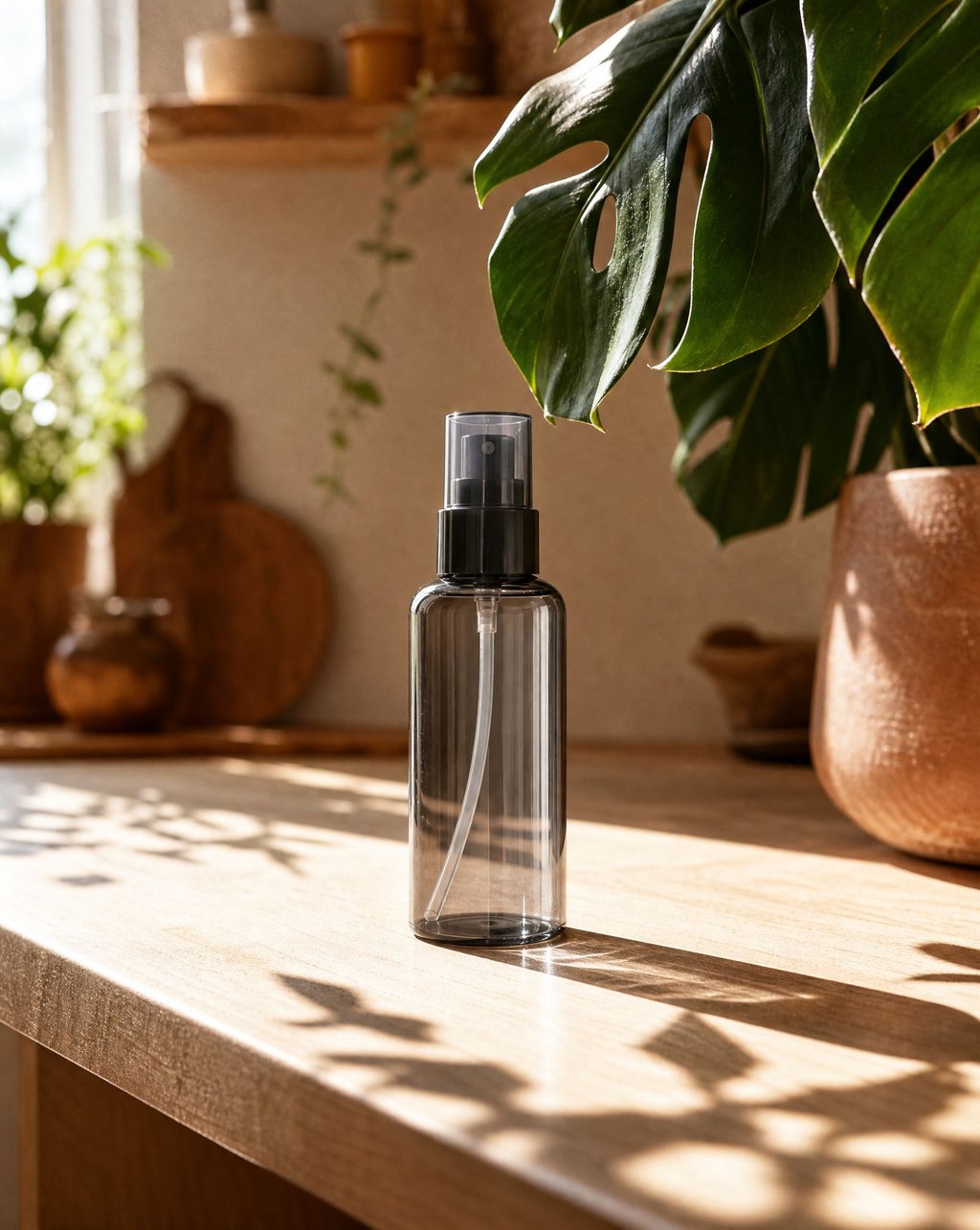 A translucent grey spray bottle on a sunlit wooden kitchen counter beside a potted plant