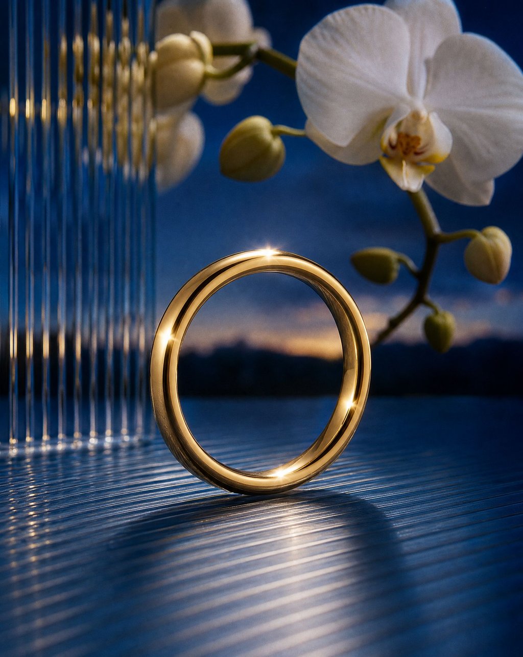 A polished gold band ring standing upright on a ribbed reflective surface against a deep blue dusk background with white orchids behind it